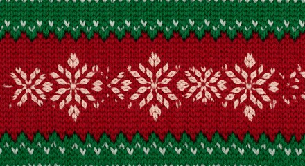 Knitted Christmas pattern with red and green stripes and white snowflakes
