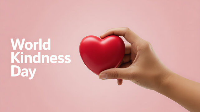 A hand holding a red heart against a pink background with 'World Kindness Day' text