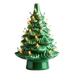 Ceramic Christmas tree, green glossy finish, isolated PNG for holiday decor.