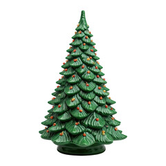 Ceramic Christmas tree, green glossy finish, isolated PNG for holiday decor.