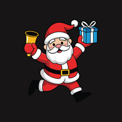 Cartoon Santa Claus Running With Gift Box And Bell On Black Background Keywords: santa, claus