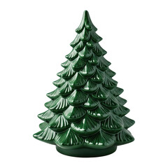Ceramic Christmas tree, green glossy finish, isolated PNG for holiday decor.