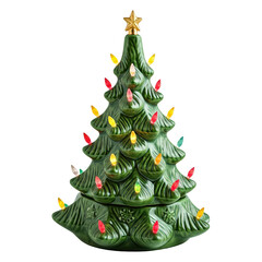 Ceramic Christmas tree, green glossy finish, isolated PNG for holiday decor.