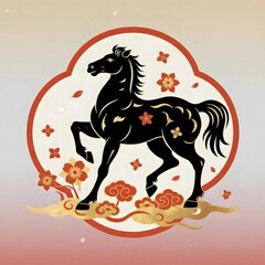 黒い馬の装飾 雲と花柄の紅白グラデーション背景