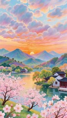 桃の花咲く湖畔の村の夕暮れ時