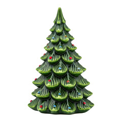 Ceramic Christmas tree, green glossy finish, isolated PNG for holiday decor.