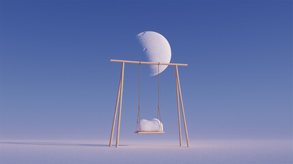 Naklejka premium Swing set with textured moon background, perfect for children's book covers, dreamy summer marketing materials, and nostalgic illustrated prints.