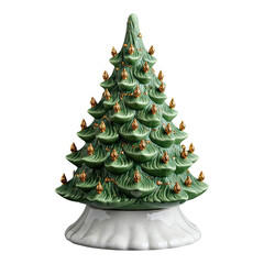 Ceramic Christmas tree, green glossy finish, isolated PNG for holiday decor.