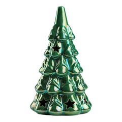 Ceramic Christmas tree, green glossy finish, isolated PNG for holiday decor.