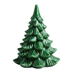Ceramic Christmas tree, green glossy finish, isolated PNG for holiday decor.