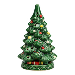 Ceramic Christmas tree, green glossy finish, isolated PNG for holiday decor.