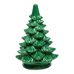 Ceramic Christmas tree, green glossy finish, isolated PNG for holiday decor.