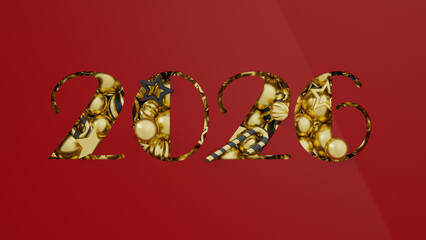 Minimalist New Year 2026 concept with golden holiday decorations inside cutout numbers on red background. Elegant festive design for greetings, seasonal projects. 3d rendering illustration not AI