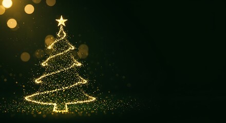 Golden sparkling Christmas tree outline with star on top against dark background