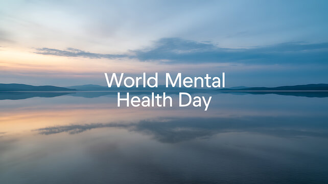 World Mental Health Day text overlay on a serene lake at twilight with calm waters reflecting the sky