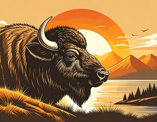Bison portrait at sunset over mountains