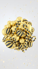 Festive 3D render of a golden Christmas sphere made of striped ornaments and candy canes. Elegant holiday design for New Year, Xmas cards, posters, and seasonal ads. 3d rendering illustration not AI