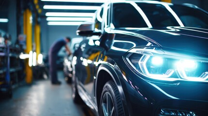 Medium shot of a mechanic inspecting a used car under bright LED lighting in a dedicated inspection booth with diagnostic tools blurred in the background.