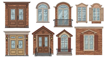 Obraz premium Set of retro vintage Front Doors and Windows, balcony, shutters. House Exterior. Home Entrance. Hand drawn colored Vector illustrations. All elements are isolated