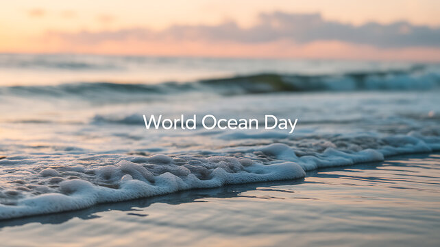 World Ocean Day celebration with ocean waves gently rolling onto a sandy beach at sunset