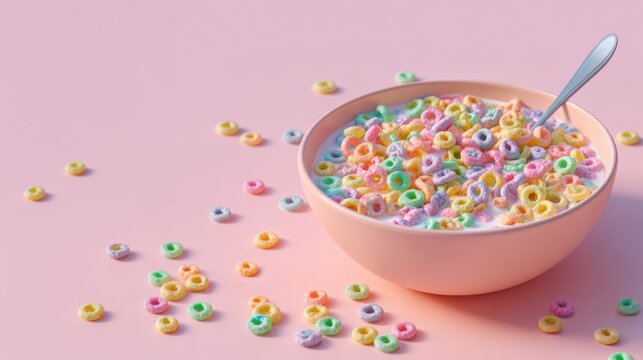 Colorful fruit loop breakfast cereal in a pink bowl with milk and a spoon, spilling small pieces on a vibrant pastel background, enjoying sweet morning food