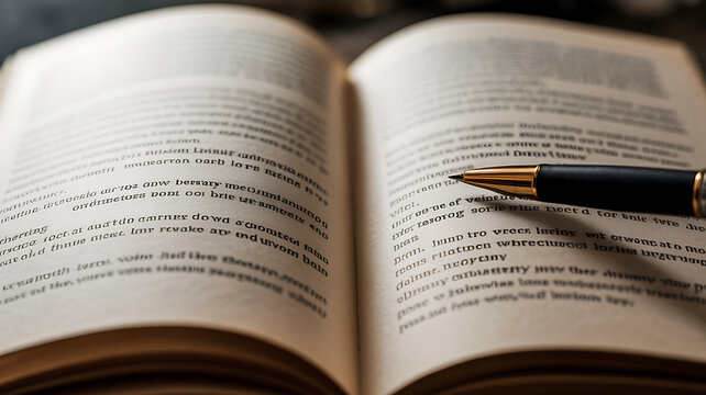 Open book with pen resting on pages, close-up view of text and writing instrument