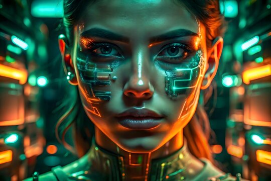 Abstract glitch effect portrait with pixelation, digital distortions, neon green and blue colors in futuristic cyberpunk theme, ultra-detailed AI artwork - Powered by Adobe
