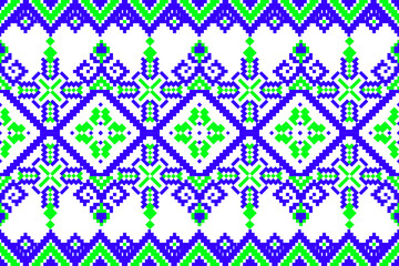 seamless geometric pattern
A bold and symmetrical pixel art pattern featuring geometric diamond shapes, arrow motifs, and cross symbols in blue, green, and white tones. Inspired by traditional folk 