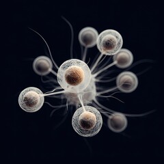 A cluster of cells, possibly biological, with intricate, thread-like structures, highlighted in light beige and off-white, against a dark background.  Each cell appears spherical, 