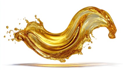 Golden liquid splash, flowing in a graceful arc against a white background