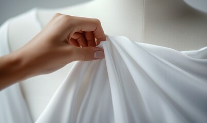 A close-up shot of a hand carefully adjusting a flowing, white fabric on a dress form, showcasing the design.