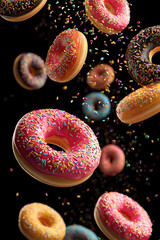 Colorful donuts with sprinkles floating against a black background, creating a festive atmosphere