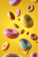 Colorful donuts floating against a bright yellow background with sprinkles falling around