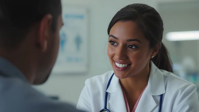 Portrait of supportive doctor explaining lab results on screen to patient, shot with 2x anamorphic lens