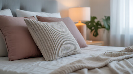 Cozy bedroom with neatly arranged pillows, soft lighting, and a potted plant near the window