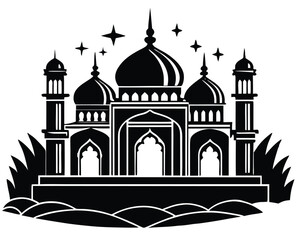 Minimalist black and white mosque silhouette islamic architecture religious building cultural symbol