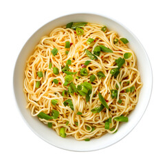 Delicious Bowl of Noodles with Fresh Garlic and Green Onions Isolated on White Background