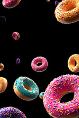 Colorful donuts with sprinkles floating against a black background, creating a festive atmosphere (1)