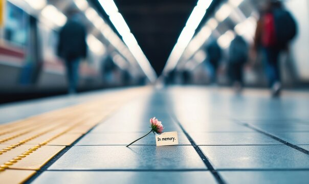 A poignant image capturing a delicate pink flower and a note reading 'In memory' on a tiled floor, evoking themes of remembrance and loss.