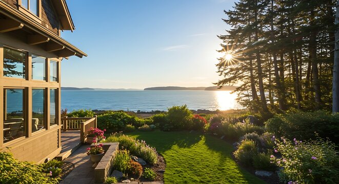 Exterior and backyard view of a luxury waterfront ocean view home warm tone sunshine blue sky lush landscaping oceanfront waterview pacific ocean Semiahmoo Pacific Northwest craftsman house