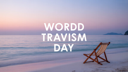 Beach scene at sunset with a wooden lounge chair on sandy shore and calm ocean waters
