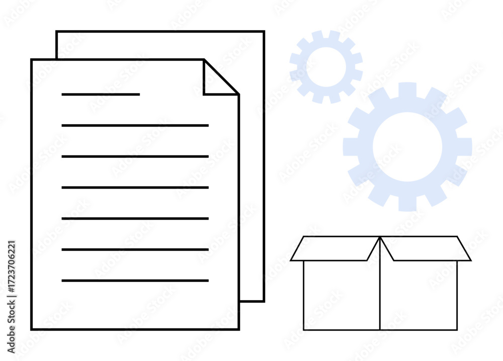 Poster papers, gears, and a box represent document organization, workflow, shipment, and process automation