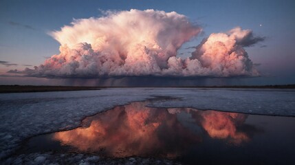 Fototapeta premium Dramatic storm cloud at sunset reflecting in a partially frozen lake