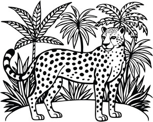 Mughal art style cheetah in a lush jungle scene with intricate details and vibrant colors