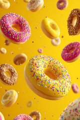 Colorful floating donuts with sprinkles against a vibrant yellow background, creating a playful atmosphere