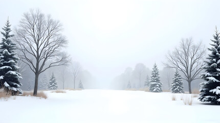 Obraz premium Snowy Winter Landscape with Bare and Evergreen Trees in Foggy Atmosphere