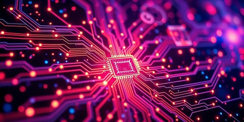 Abstract glowing circuit board with digital nodes and lines, technology,  neon