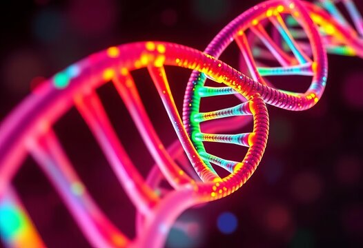 Abstract swirling strands of vibrant DNA helix, glowing neon effect,  wallpaper,  medical