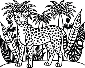 Mughal inspired outline of a cheetah in a lush jungle scene with intricate details