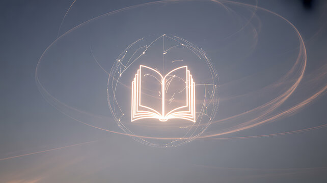 Glowing open book surrounded by swirling light trails in a digital, ethereal environment